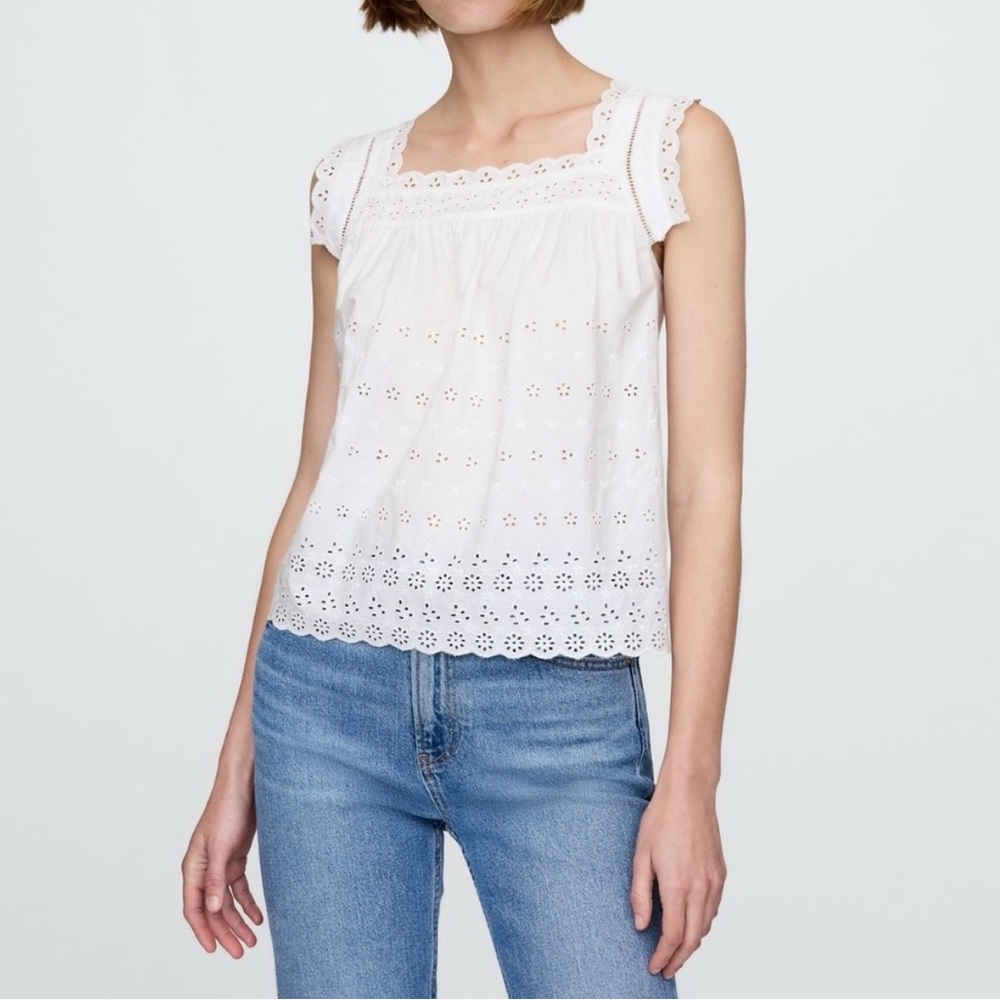 Eyelet Square-Neck White Sleeveless Blouse